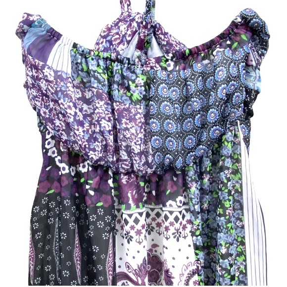 Trés Chic Bohemian Multi-Pattern Halter Midi Dress Patchwork Flounce Sundress S - Picture 11 of 16